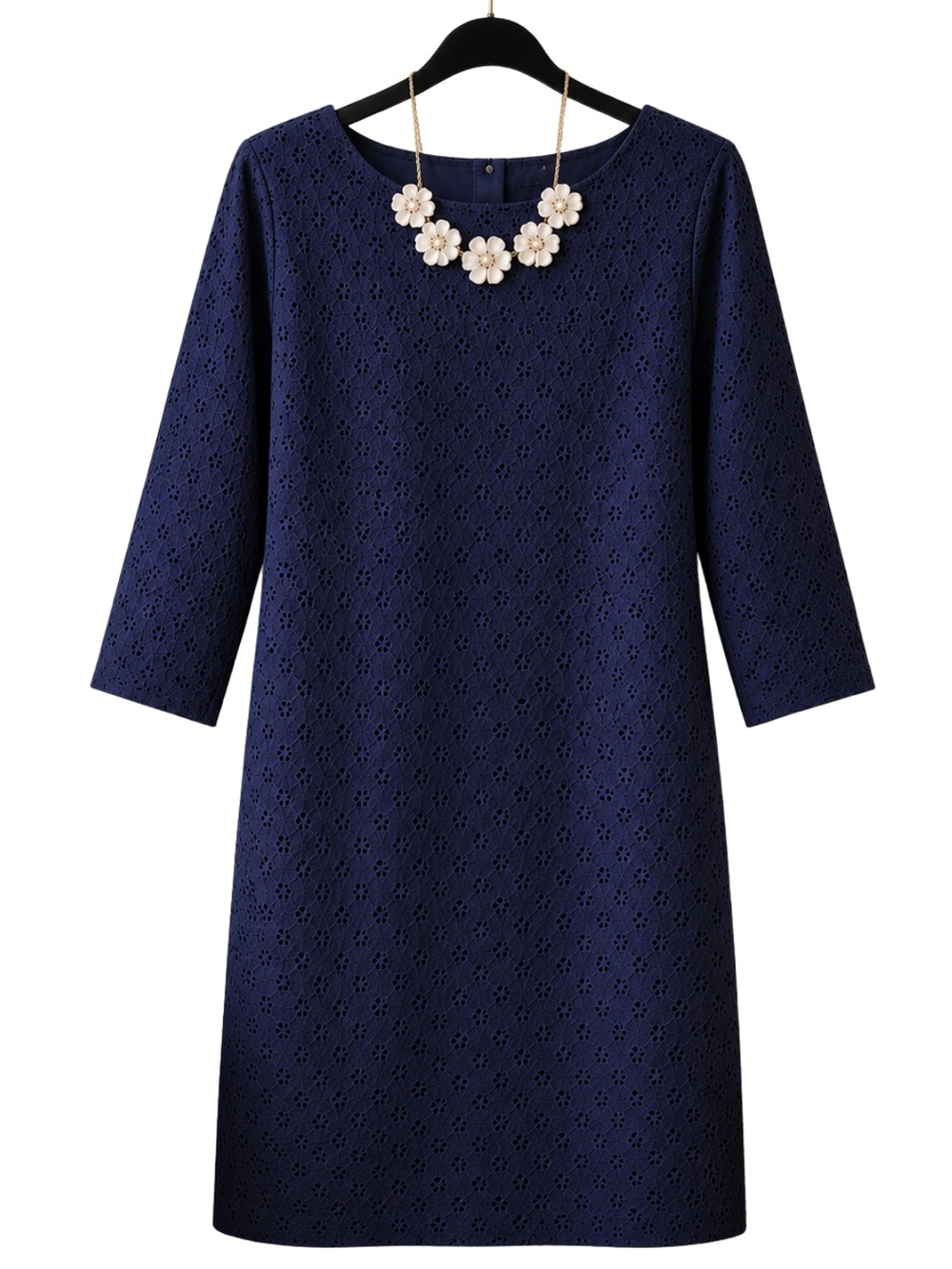 L.L.Bean Navy Eyelet Shift Dress Size 8 Embroidered Cotton Classic - Picture 3 of 8